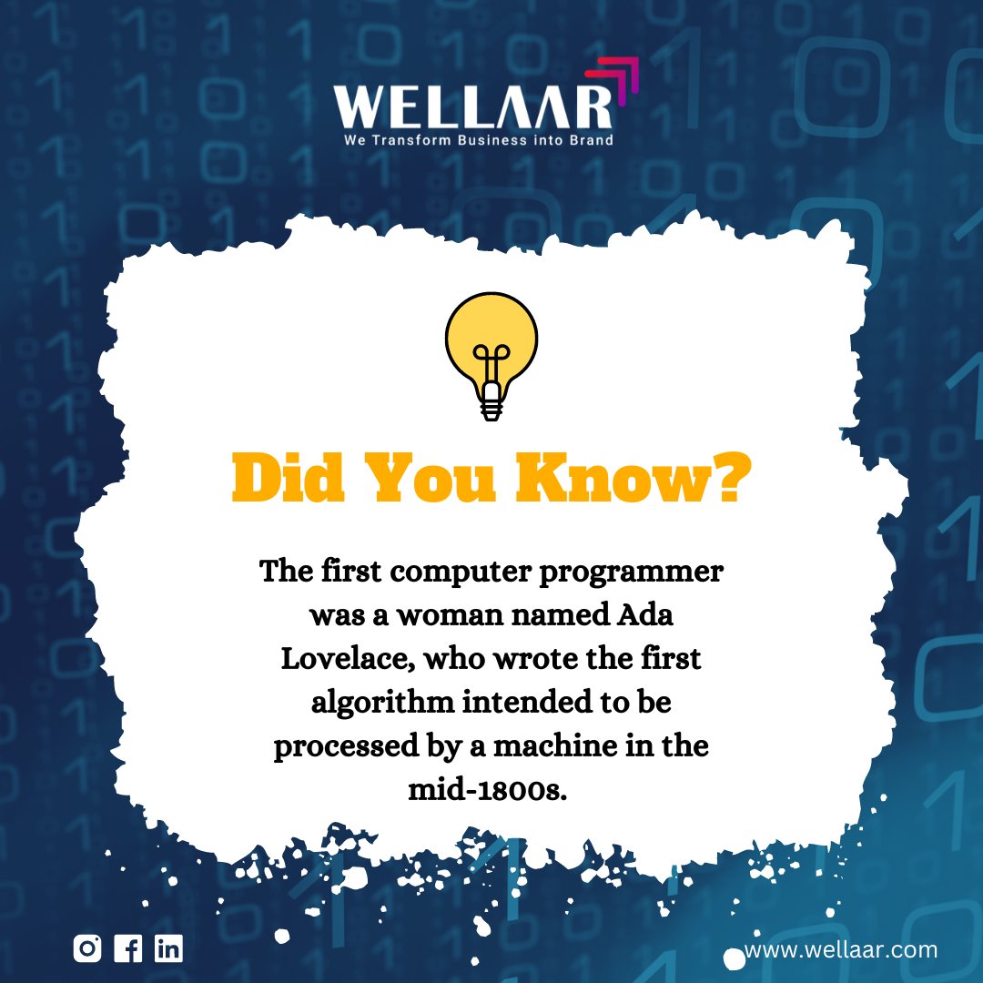 The first computer programmer was a woman named Ada Lovelace, who wrote the first algorithm intended to be processed by a machine in the mid-1800s.

#didyouknow #amazingfacts #worldfacts #didyouknowfacts #programming #Business #Computer #knowledge #fridayfacts #Wellaar