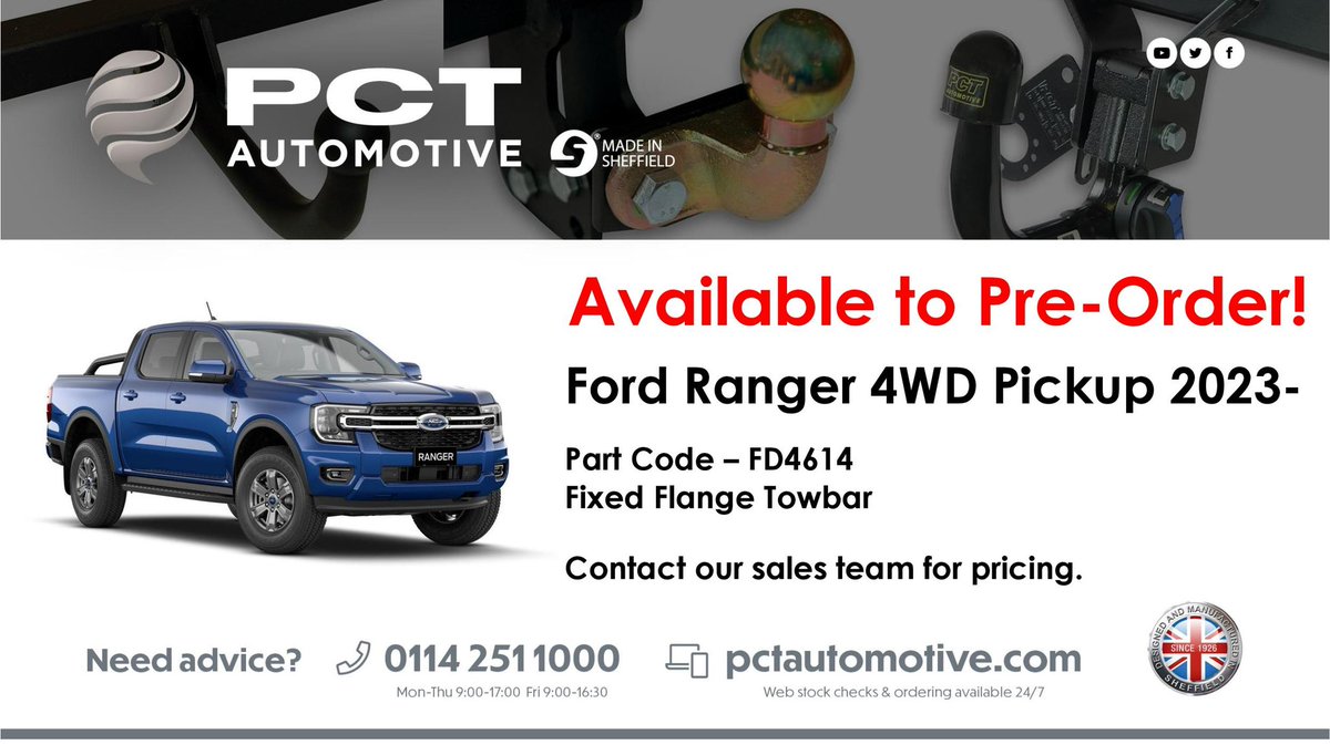 PCTAutomotive's tweet photo. Our new towbar FD4614 is now available to pre-order!
#PCTAutomotive #Ford #Ranger #Towbar #SteelCity #MadeinSheffield https://t.co/WilUEdMGbf