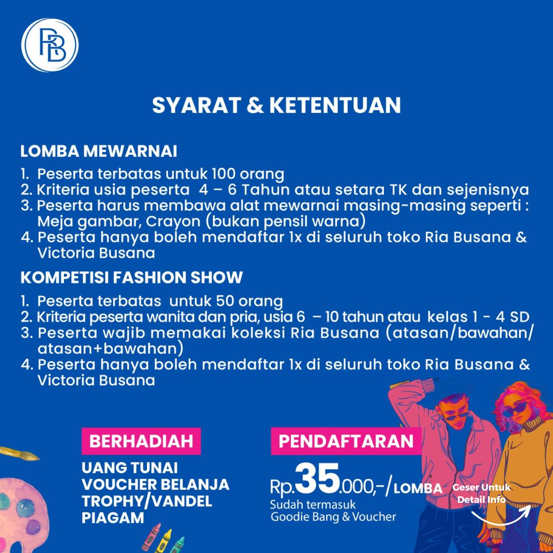 Dalam rangka Ria Busanaversary yang ke-27🎂 Ria Busana &amp; Victoria Busana akan menyelenggarakan event Lomba Mewarnai dan Kompetisi Fashion Show lagi nich!! 🎨 💃🎉

#RiaBusana
#VictoriaBusana
#MurahSebelumDiskon
#LombaMewarnai
#LombaMewarnaiRiaBusana
#RiaBusanaversary