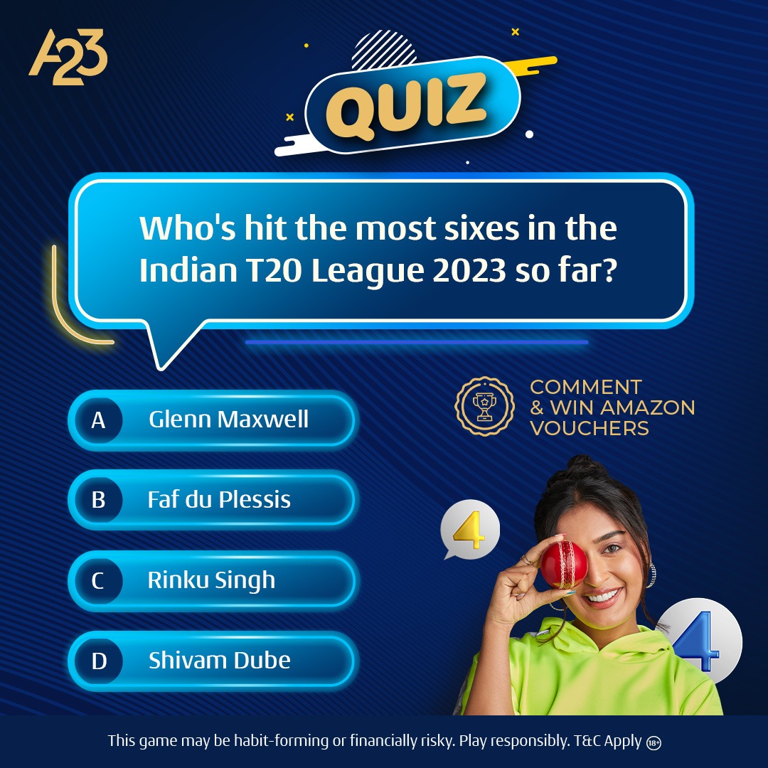 #ContestAlert📣 Ready to put your 🏏 knowledge to the test? Answer right, answer quick 👀 Lucky winners to get Amazon gift vouchers 🤩🎟 Follow us, use #ChaloSaathKhelein and ask your friends to join🌟 #A23 | #CricketQuiz | #IndianT20League | #PlayResponsibly