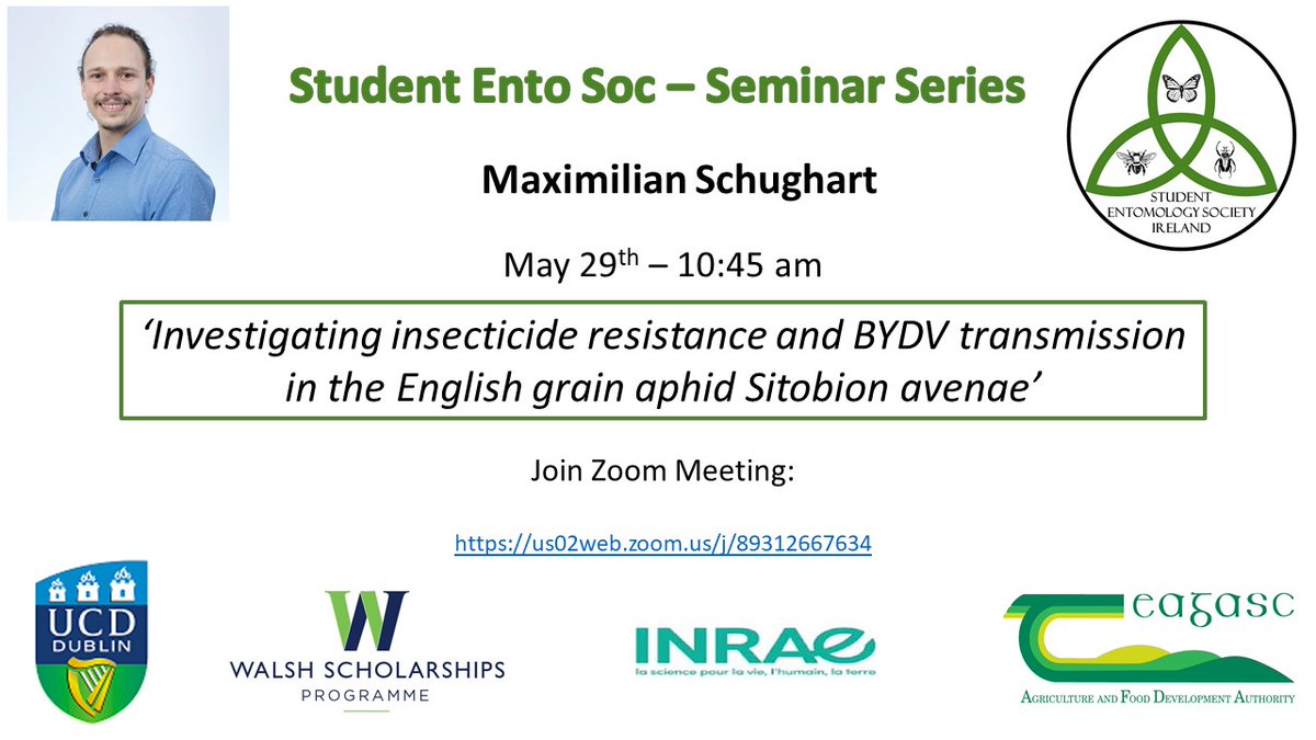 Hi Everyone, 
We are delighted to invite you for the presentation of Maximilian Schughart Monday at 10:45!
Max will give us insights of his latest experiments on the grain #aphid! 
We are looking forward to see may of you connected!
#Entomology #insecticideresistance #virus