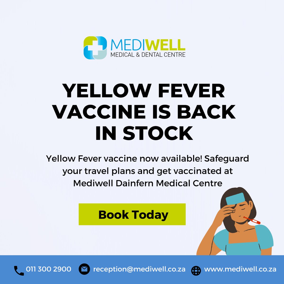 📢 Exciting news! 📢 The Yellow Fever vaccine is now available at Mediwell Dainfern Medical Centre. 🌍🩺 Protect yourself for your upcoming travels and stay safe from this preventable disease. Book your vaccination appointment today! #YellowFeverVaccine #TravelClinic #Mediwell