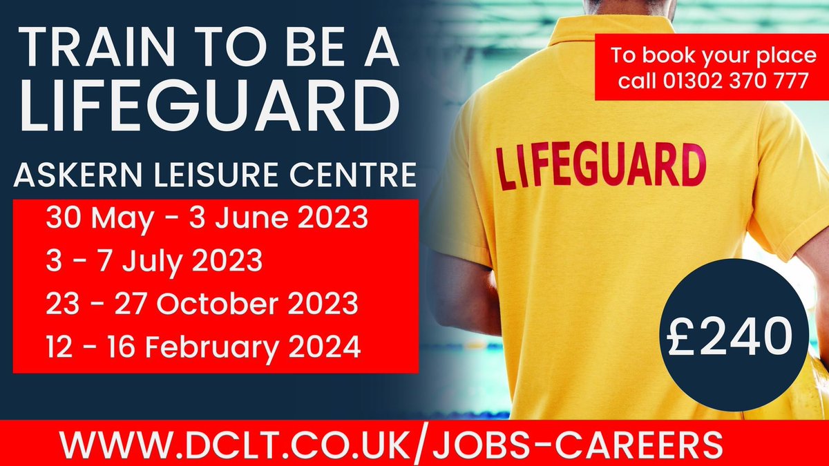 RT @DoncasterDCLT: Train to become lifeguard with DCLT. The five-day course provides people with the theory and practical skills needed to be a lifeguard.

Find out more here: https://t.co/oweD7wSBfe