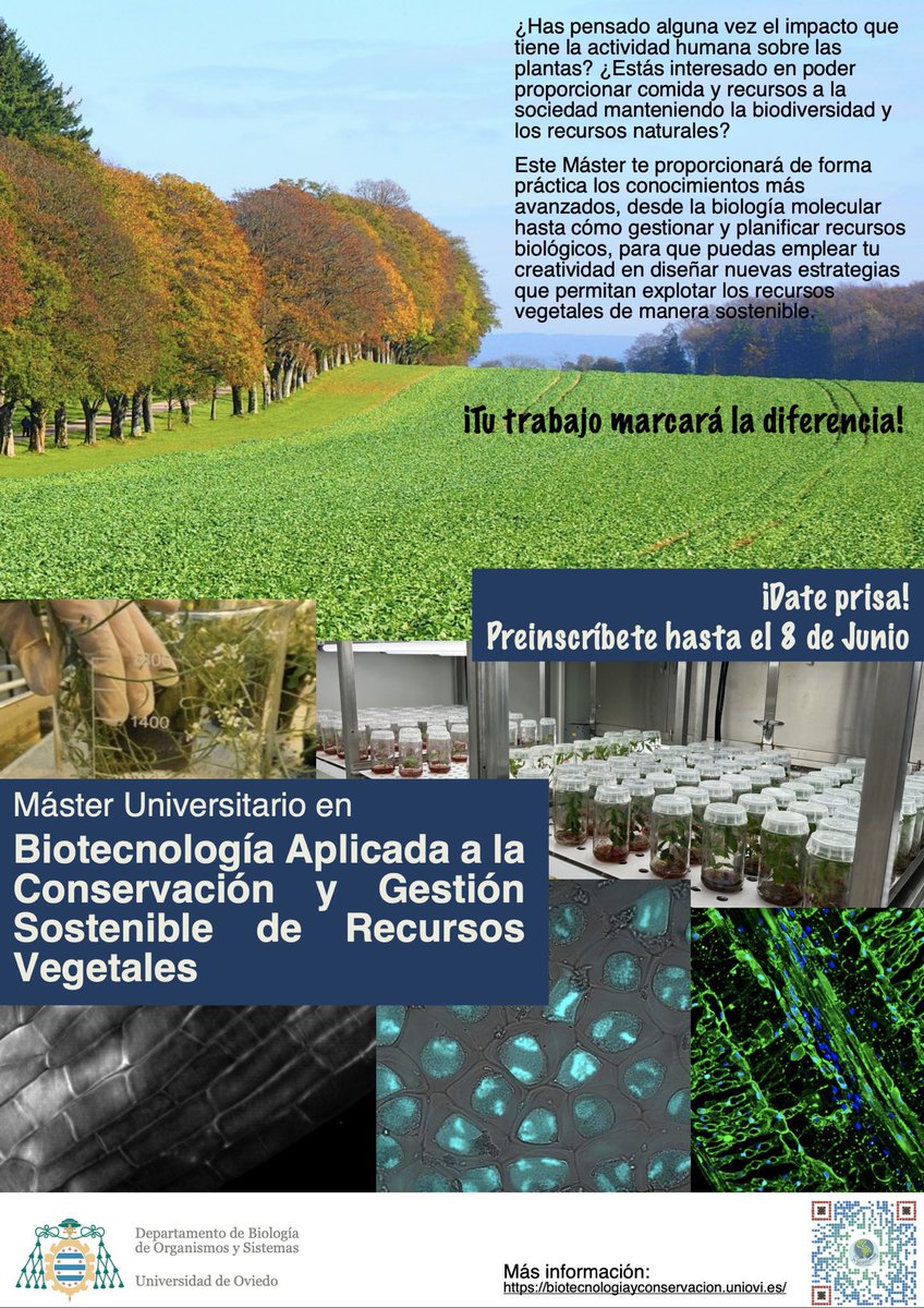 Date prisa!!!! Y no pierdas la oportunidad de preinscribirte en el Máster en Biotecnológica Aplicación a la Conservación y Gestión Sostenible de Recursos Vegetales que coordinamos desde el Dpto. BOS de la Universidad de Oviedo. 
biotecnologiayconservacion.uniovi.es