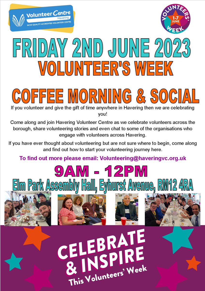 Havering Volunteer Centre warmly invite you to attend their coffee morning on Friday 2 June 9-12. Please share the attached flyer with your valued volunteers to celebrate Volunteers Week 1-7 June 2023.