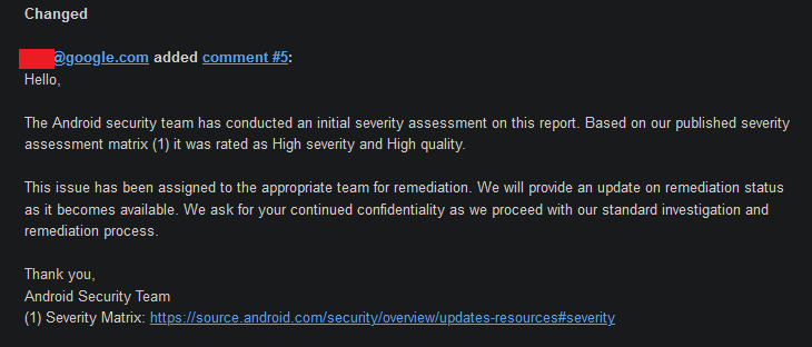 They are so quick!😃 I just submit it last week and then it was rated as high severity and high quality just now. Hope this can get more bounty after the VRP rule changed. #GoogleVRP