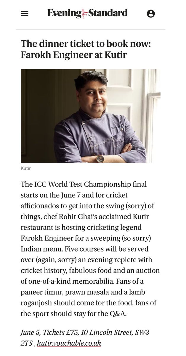Kutir Chelsea (@kutirchelsea) on Twitter photo An evening with Farokh Engineer on June 7th <a href="/kutirchelsea/">Kutir Chelsea</a> - don’t miss it 🏏
Reservations: kutir.vouchable.co.uk
#icc #Cricket #cricketfans #Chelsea An evening with Farokh Engineer on June 7th <a href="/kutirchelsea/">Kutir Chelsea</a> - don’t miss it 🏏
Reservations: kutir.vouchable.co.uk
#icc #Cricket #cricketfans #Chelsea