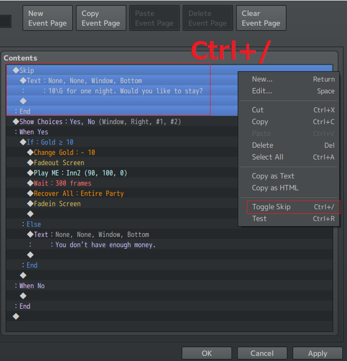 RPG Maker MZ tips

You can turn on/off the 'skip' that disables events by specifying a range + Ctrl+/.
This is a convenient method for debugging.