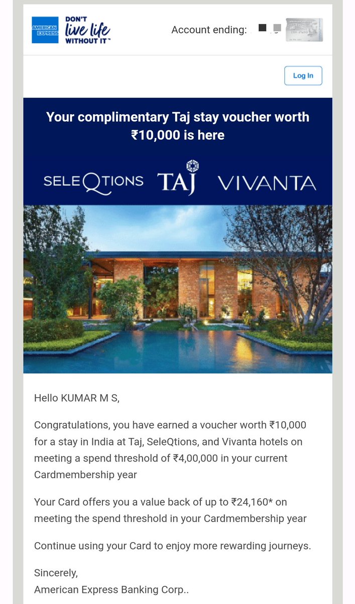 📌Tip📌 @AmexIndia Platinum Travel Card holders get Rs. 10000 Taj stay GV on spending Rs. 4L in a year. If you don't have the card apply👇 to get the card first year free + 2000 bonus points americanexpress.com/en-in/referral… If u hold this card and already spent this amount read this 🧵