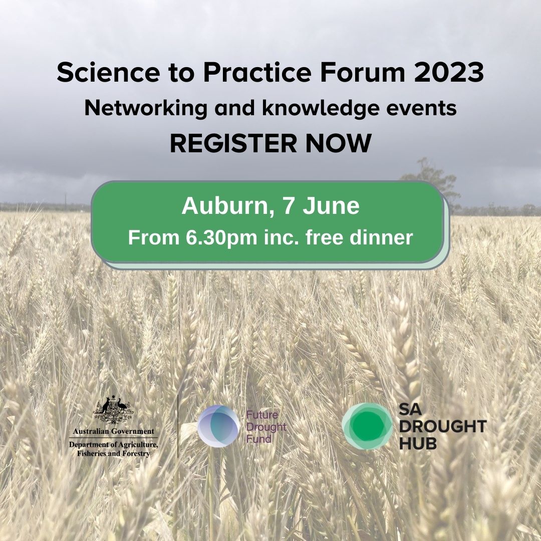 Knowledge, networking &amp; a meal on us! Join the 
<a href="/DAFFgov/">Department of Agriculture, Fisheries and Forestry</a> #FutureDroughtFund Science to Practice Forum ☀️🌱
Register for our free mid-north event + dinner in #Auburn on De-carbonising the grains industry: eventbrite.com/e/628358526267
#DroughtResilience