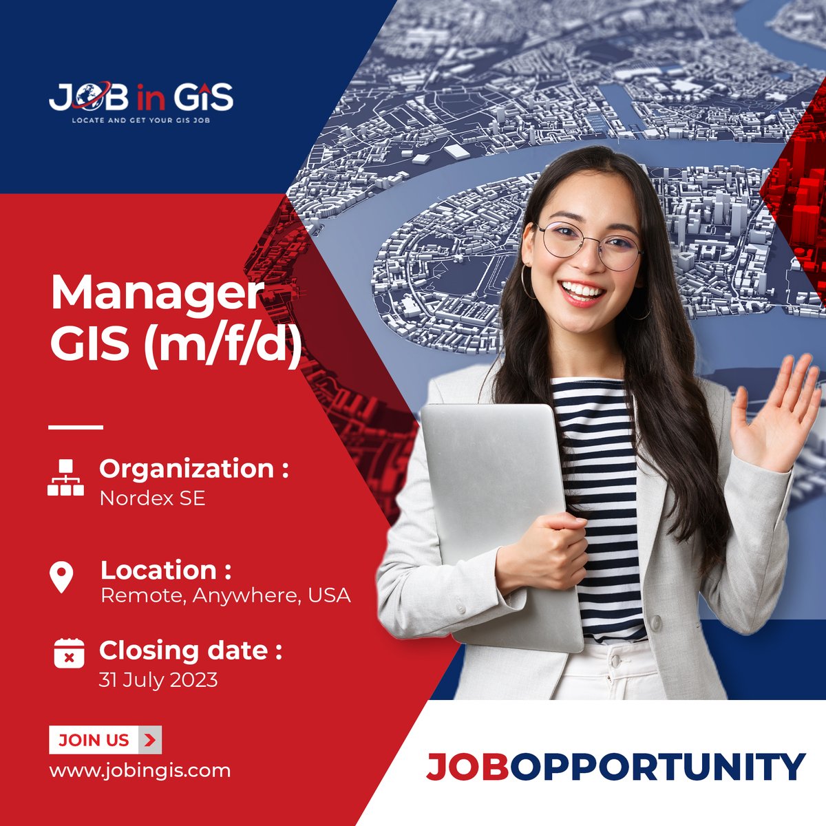 #jobingis : Nordex SE is hiring a Manager, GIS (m/f/d)
📍Location : #remotework , Anywhere, #USA 

Apply here 👉 : jobingis.com/jobs/manager-g…

#Jobs #jobsearch #cartography #Geography #mapping #GIS #geospatial #remotesensing #gisjobs #gischat #remoteworking