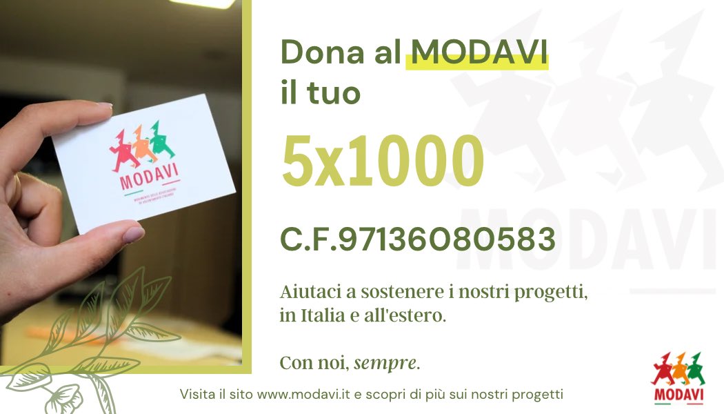 🌱 Destinando il tuo 5x1000 al MO.D.A.V.I.,ci aiuterai a migliorare la rete di supporto territoriale nazionale e internazionale, a vantaggio delle categorie più fragili della nostra società. 

Con il tuo 5x1000 sarai con noi, sempre.

Grazie 🧡

#5x1000 #modavi