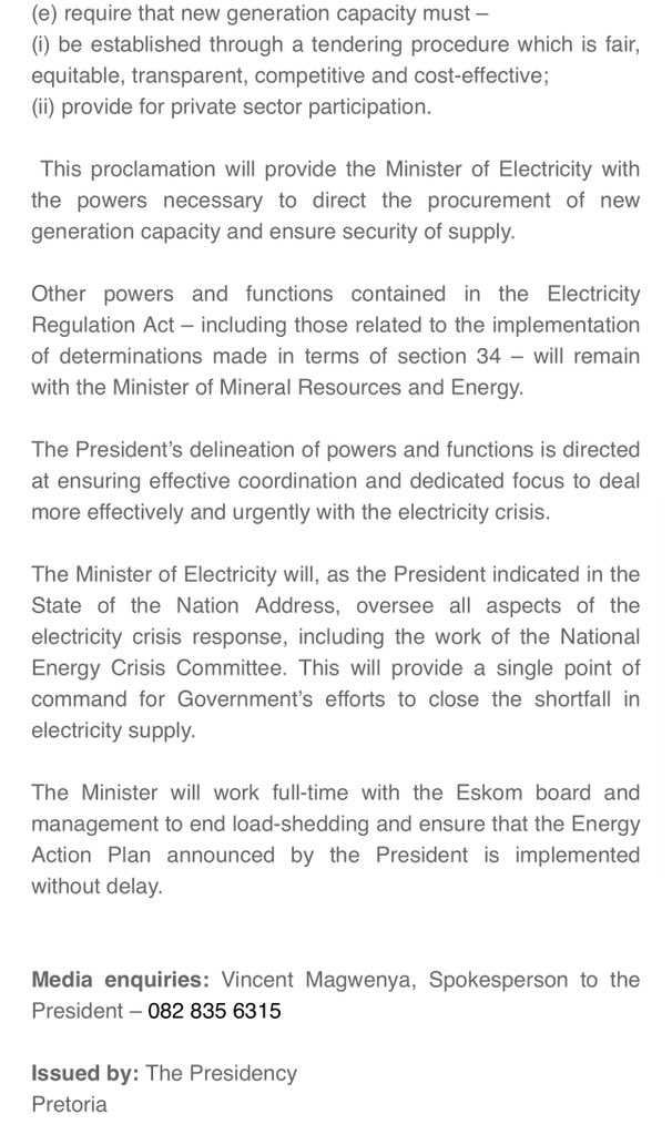 PRESIDENT SETS OUT ROLE AND RESPONSIBILITIES OF MINISTER OF ELECTRICITY