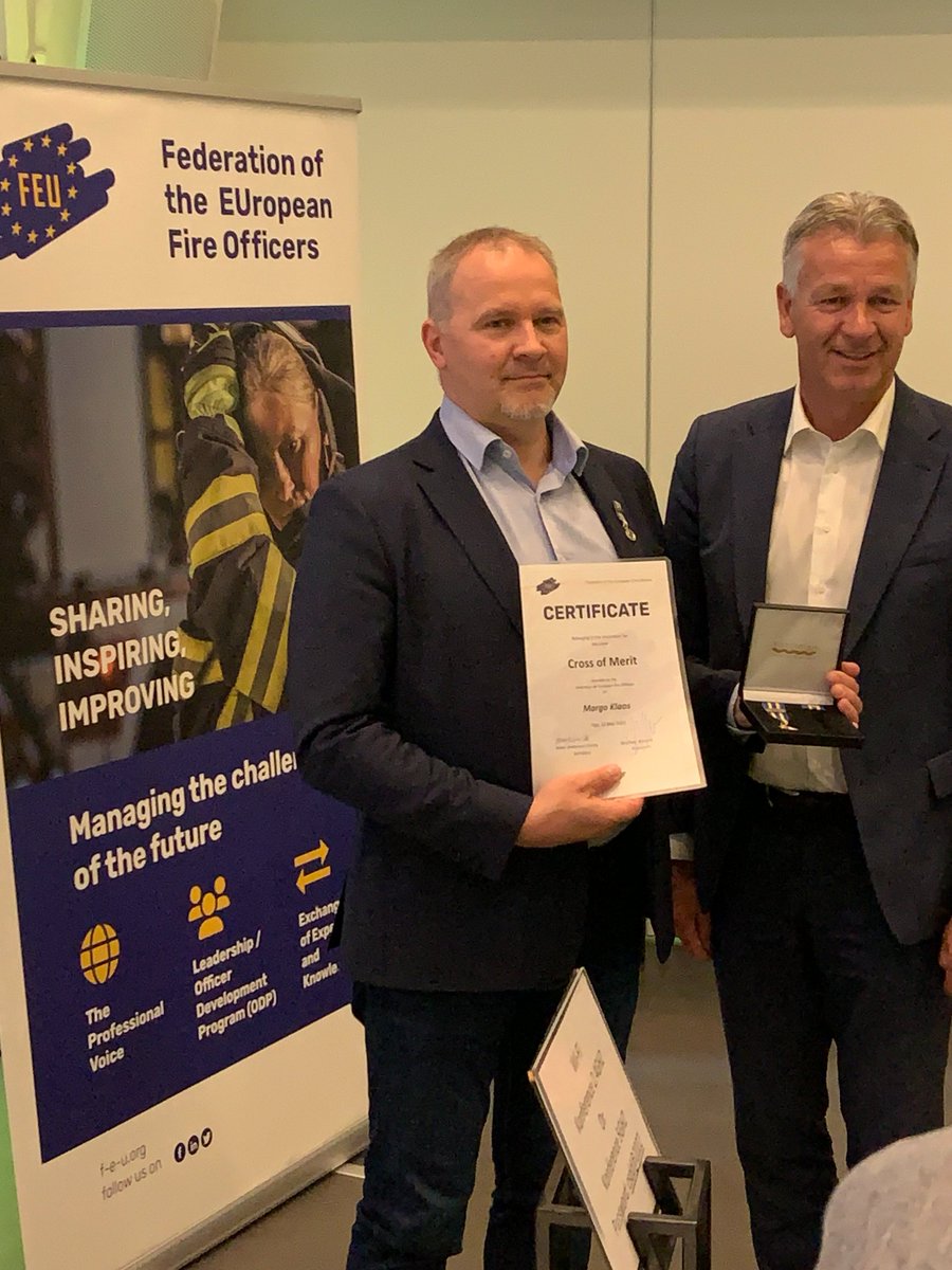 Today #FEU awarded @Margo Klaos with the #cross of merit in silver for his work and commitment on his departure from the FEU due to his new position of as director general of the @paasteamet | Estonian Rescue Board #FEU-Riga2023 #fireofficers #europe #firesafety #leadership
