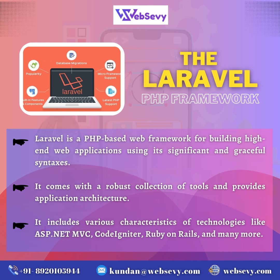 WebSevy's tweet image. The Laravel framework will make your development process easier.
So build your amazing website with Web Sevy
For more info:
📷 Visit: websevy.com
📷 Contact: +91- 8920105944
📷 kundan@websevy.com
.
.
#webdevelopment #websitdesigning #webdevelopmentframework #laravel
