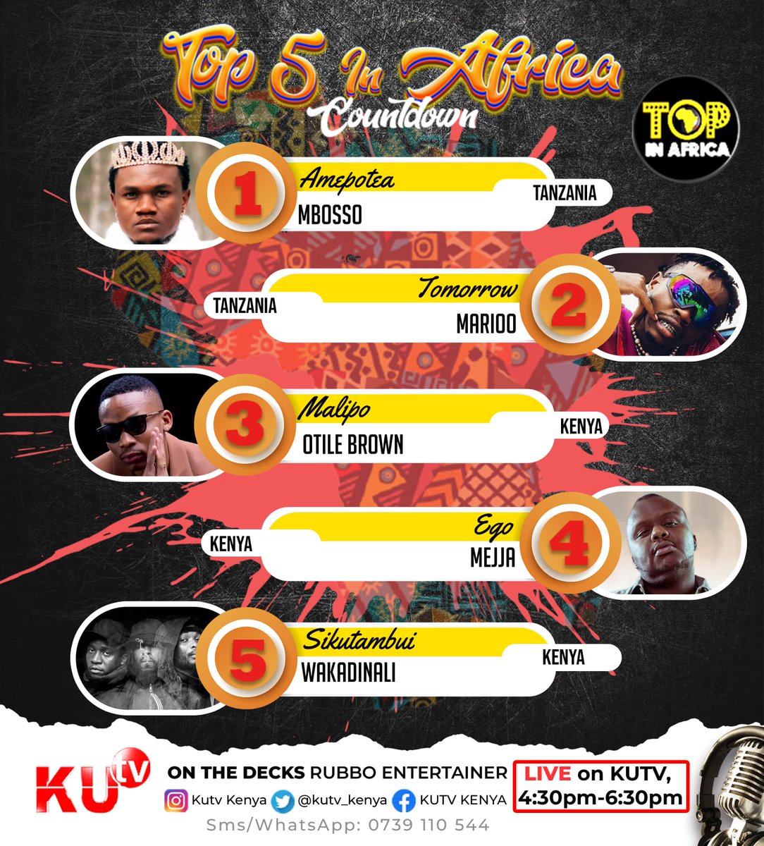 kutv_kenya's tweet photo. When it comes to entertainment its either #Kutv ! Or ... #Kutv! 

Tune in for Top 5 in Africa Countdown as we bring to you what's new and trending in the world of entertainment from 4:30 - 6:30 PM .

On the decks is Rubbo the entertainer @JustRubbo

Don't miss out! https://t.co/yuavpFNWLA