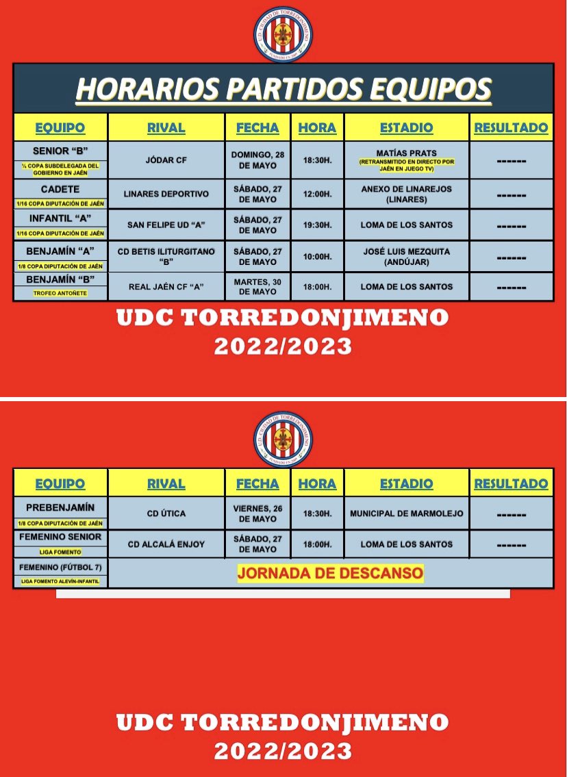 UDCTOFICIAL's tweet photo. ⚽️|TEMPORADA 22/23|⚽️
RESULTADOS DE LOS PARTIDOS QUE HAN DISPUTADO NUESTROS EQUIPOS EN LA PASADA JORNADA Y HORARIOS DE LA PRÓXIMA.
#UDCT22/23
🟥⬜️🟥⬜️ https://t.co/oGnYK4FQ1b