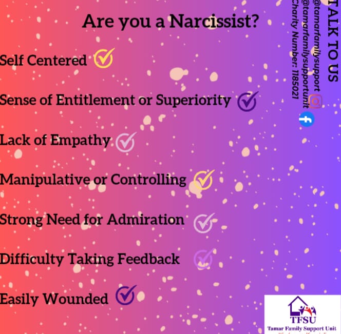 TamarUnit's tweet photo. Thought we should share this - some of the traits of Narcissists - so that we can do some self evaluations this Friday 💭

#narcissisticabuserecovery #narcissismawareness #TFSU #SeekHelp https://t.co/F4NdaZFT4M