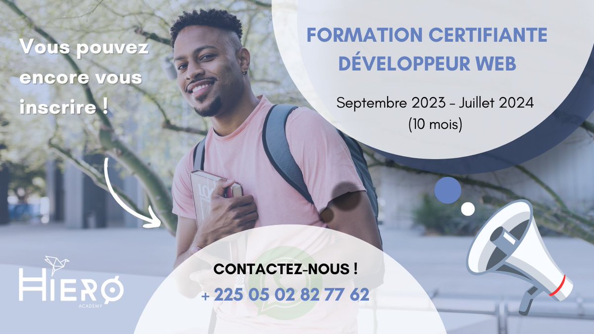 Tu souhaites devenir un développeur web ? HIERO Academy vous propose une formation diplômante à partir de septembre 2023. Tu es prêt ? Contacte-nous sur WhatsApp au +225 05 02 82 77 62 Et follow la page pour avoir plus d'infos 😉 #formationdiplômante #formationdeveloppeurweb