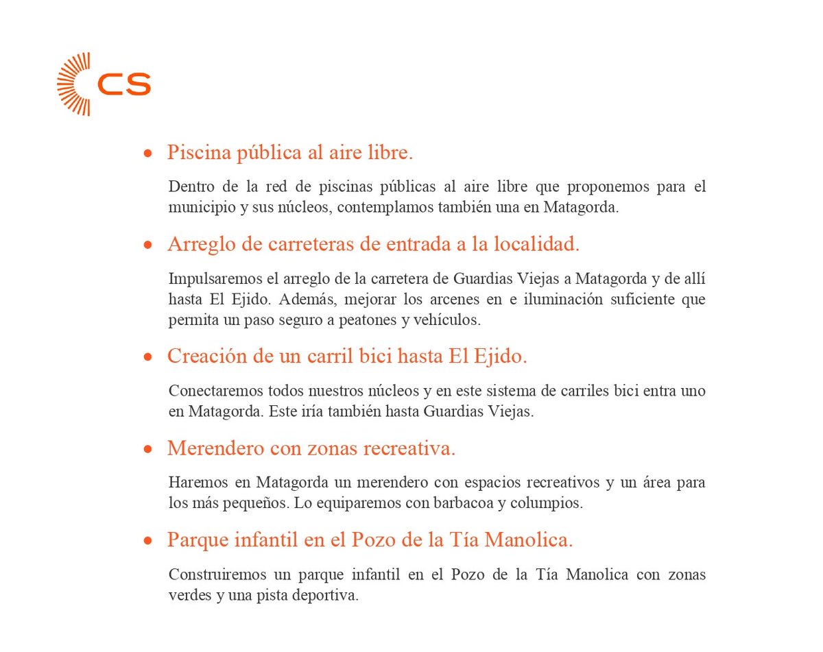 👉 NO TE CONFORMES, MATAGORDA.
👶 Crearemos una nueva guardería.
👷 Repararemos todas las calles de Matagorda.
🐀 Haremos un exhaustivo control de plagas y mantendremos limpios todos los solares.
🛝  Repararemos el parque y todas las zonas deportivas.