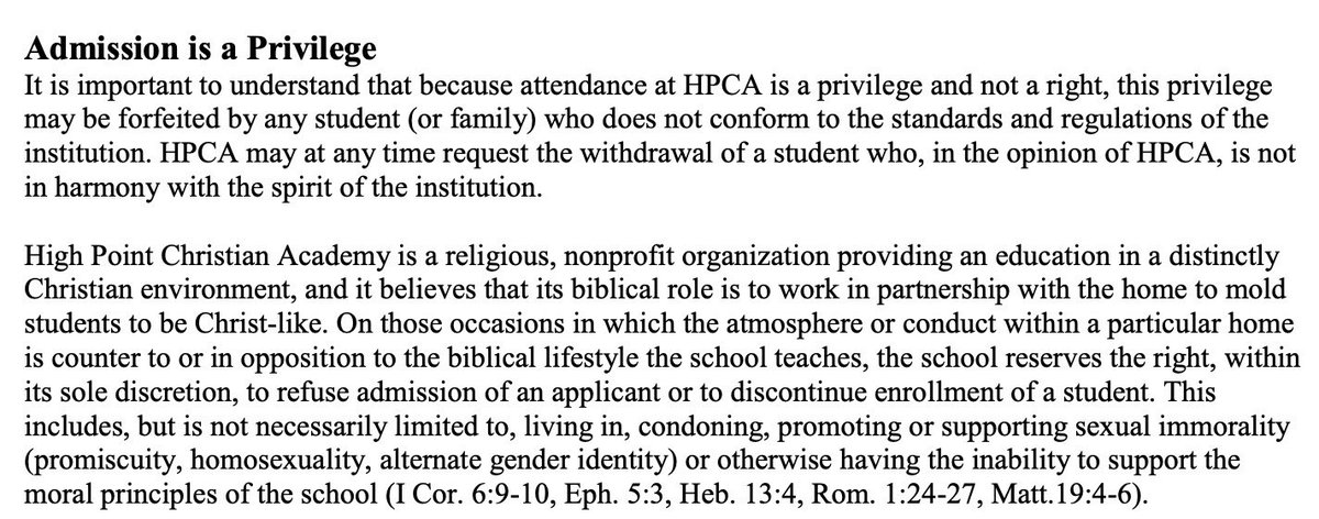 JustinParmenter's tweet photo. High Point Christian Academy in NC got nearly a million $ in vouchers this year.    

HPCA believes the purpose of education is "to know God," and students who "are not in harmony with the spirit of the institution" face expulsion.  

They should not get public $. #nced #ncga https://t.co/D8SaGuaV2f