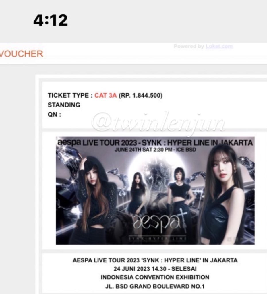 twinlenjun's tweet photo. WTS konser aespa
✨aespa LIVE TOUR 2023 ‘SYNK : HYPER LINE’ in Jakarta
🎟️2 cat 3A &amp; 2 cat 1A
✅udah secured, data aku
‼️serious buyer only
💸dm (harga tiket + fee yang ngotak)

ga nipu beneran, war sendiri

#aespa #SYNK_HYPERLINE #aespa_LIVETOUR_2023_SYNK_HYPERLINE_inJAKARTA https://t.co/1eAwDUoQzC