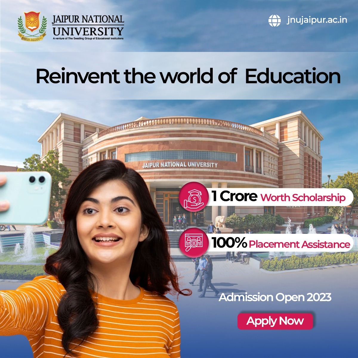 A future of golden opportunities awaits you at #JaipurNationalUniversity. Apply for admissions and get financial assistance to aid your higher education journey as well as receive 100% placement assistance.

#Scholarships #HighereducationScholarship #EducationScholarship