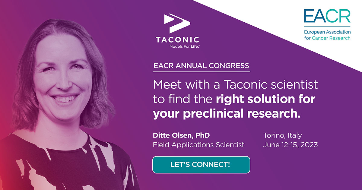 Taconic is headed to Torino, Italy for #EACR2023! Discover how our extensive portfolio of study-ready #mousemodels and custom model generation services can support your #oncology research.

👋 Meet the team at booth #48, or schedule a consultation: bit.ly/43jlXyc