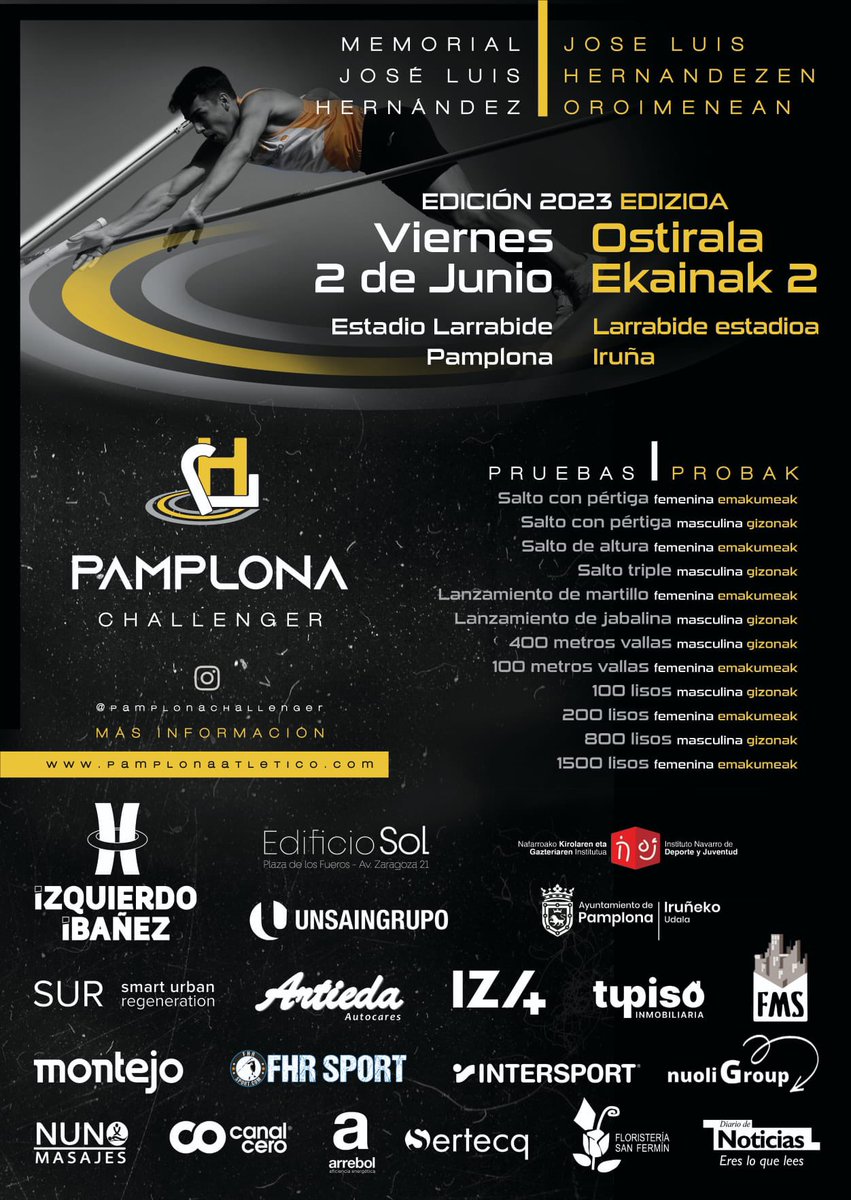 👏🏽 El próximo viernes 2 de junio se desarrollará el Memorial Jose Luis Hernández en Larrabide 👏🏽

😊 Pamplona Challenger 😊

#SoñemosSinLímites 💛💚