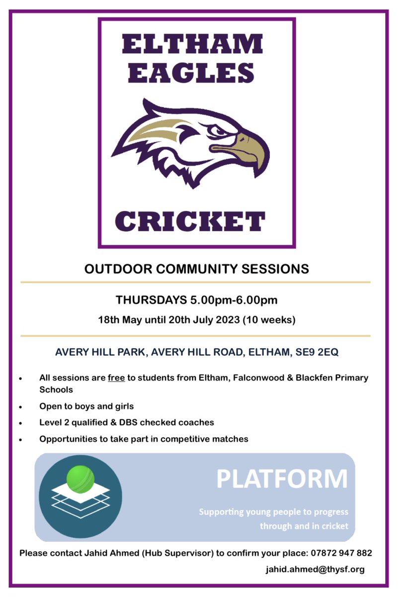 Our Eltham Eagles Hub is up and running at the fantastic <a href="/AveryHillPark/">Avery Hill Park</a>. 

Free cricket for children <a href="/Alderwoodsch/">AlderwoodSchool</a> #BishopRidley <a href="/Deansfieldsch/">Deansfield Primary</a> <a href="/ElthamCE/">ElthamCE</a> <a href="/GordonPrimary/">Gordon Primary</a> #OurLadyoftheRosary <a href="/StMarysEltham/">St Mary's Catholic Primary School</a> <a href="/WybornePrimary/">Wyborne Primary and Nursery School</a>.

7-11 years old? Join us! 

@BackonSammy <a href="/laurendingsdale/">Lauren Dingsdale</a>