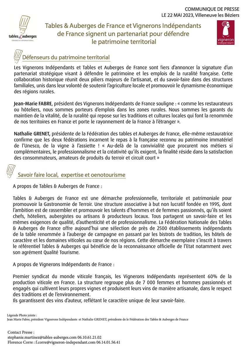 🤝Partenariat Vignerons Indépendants et Tables &amp; Auberges de France !