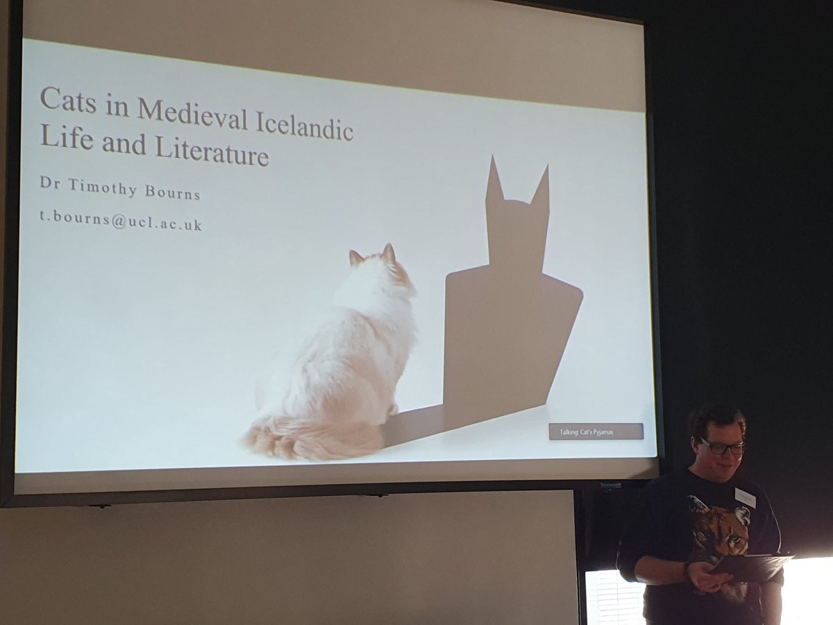Timothy Bourns presents on cats in medieval Icelandic life and literature. Fun fact : cats were introduced into Iceland by Vikings. #catconference