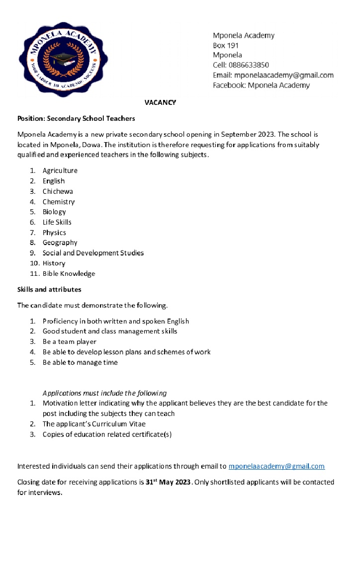 Looking for Secondary School Teachers. All classes