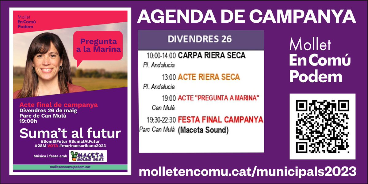 ÚLTIM DIA DE CAMPANYA: Avui al matí serem al barri de Riera Seca (Pl. Andalusia) i a la tarda al Parc de Can Mulà on tancaríem campanya "preguntant-li a Marina" i amb una festeta final amb l'actuació de MACETA SOUND. #sumatalfutur #marinaescribano2023