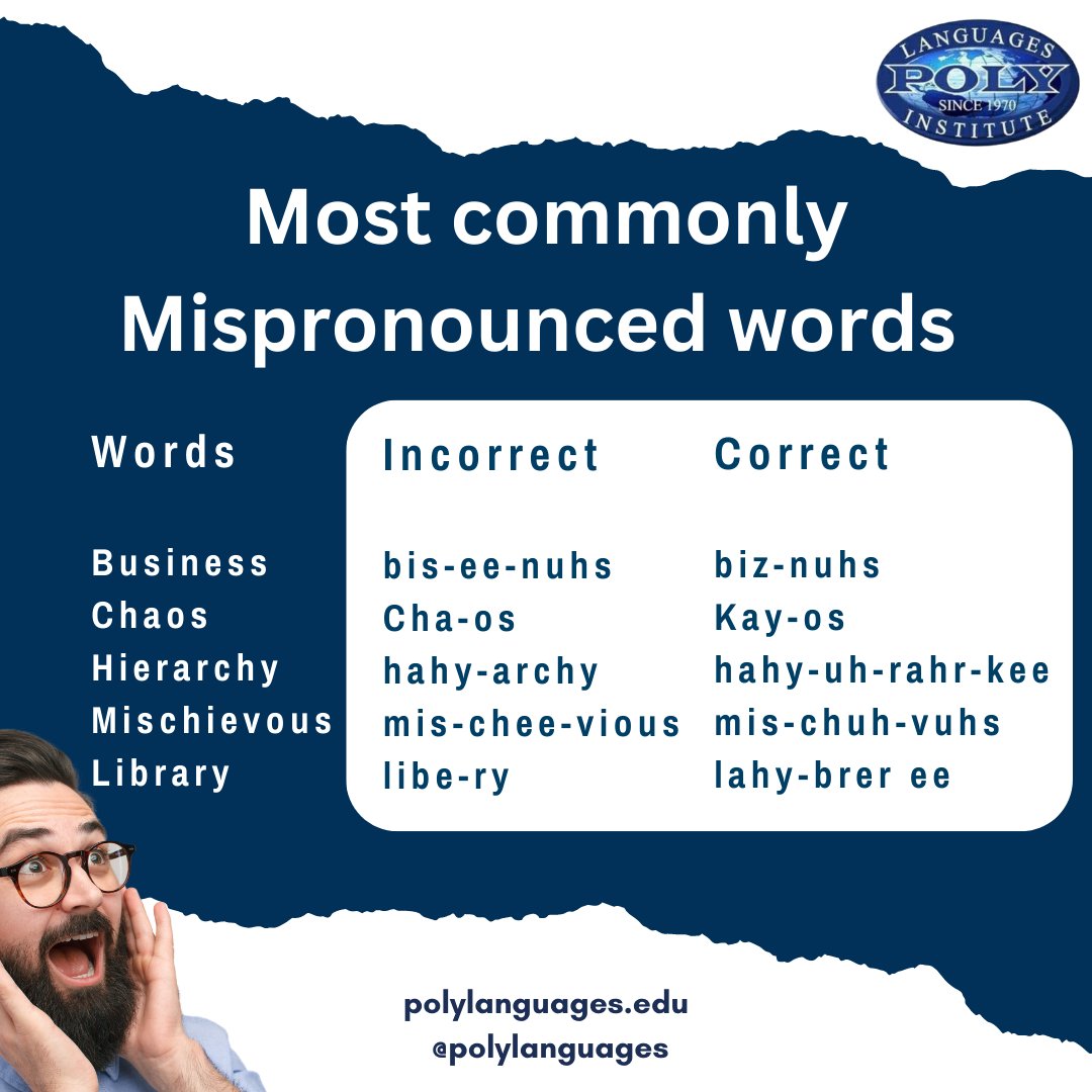 Here are a few most commonly mispronounced words
.
.
.
#studyenglish #esl #toefl #languageschool #internationalstudents #poly #polylanguages #vocabulary #speakenglish #englishgrammar