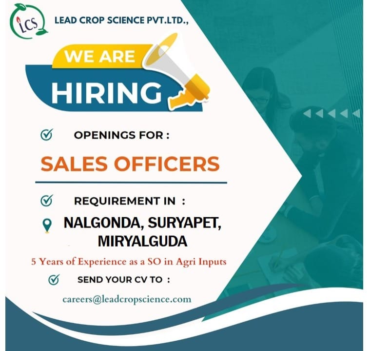 We Are Hiring :
Join Our Team,
Designation : Sales officer (SO)
Experience - Minimum 5 Years of Experience in Agri inputs
Locations - Preferably #Nalgonda #Suryapet #Miryalaguda
To Apply Now, Send your CV's to careers@leadcropscience.com 
#salesofficer #agrijobs #jobopening #Jobs