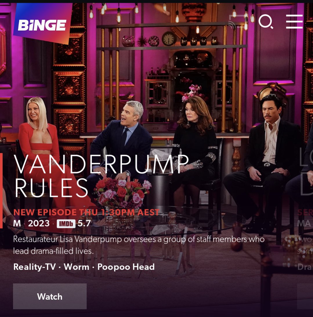 Fascinated by this characterisation of <a href="/VanderpumpRules/">Vanderpump Rules</a> by <a href="/binge/">BINGE</a>