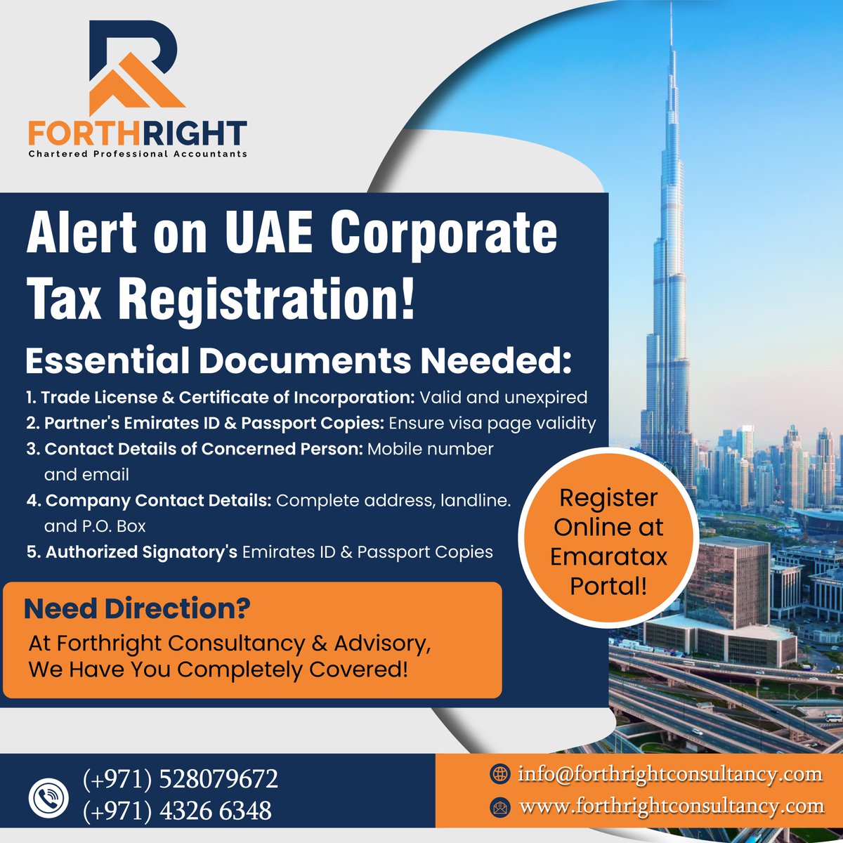 Alert on UAE Corporate Tax Registration!
.
📞Call us now (+971) 43266348, (+971) 52 807 9672
.
.
#forthrightcompany #forthrightconsultancyinuae #uaecorporate #taxregistration #corporations #uaebased #accountingservices #government #corporatetax #viralpage #taxrateupdates