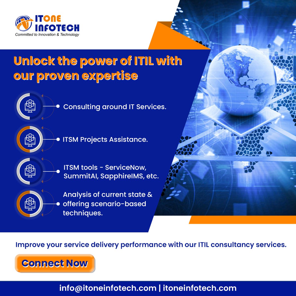 itoneinfotech's tweet photo. Explore in our latest post what you get with our proven expertise to help you leverage the ITIL framework for facilitating your ITSM initiatives.

> Consulting around IT Services 
> ITSM Projects Assistance
> ITSM tools such as ServiceNow
> Analysis of Current State

#ITSM #itone https://t.co/hmxmgprZNd