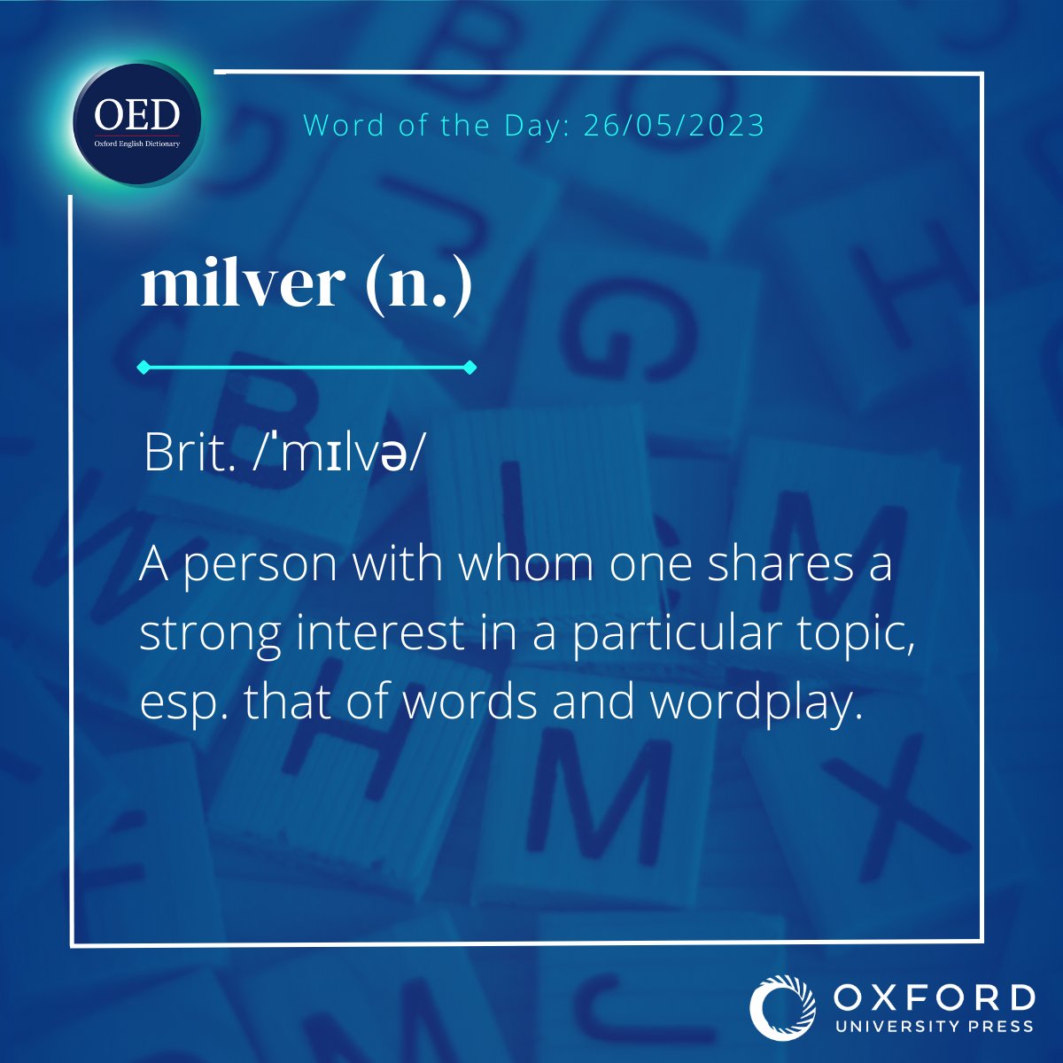 OED #WordoftheDay: milver, n. A person with whom one shares a strong interest in a particular topic, esp. that of words and wordplay.

View the full entry, here: oed.com/view/Entry/245…