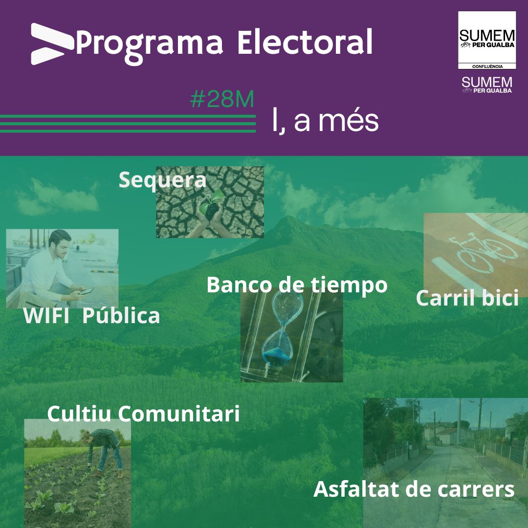 #Gualba té altres necessitat, que cal abordar més enllà d'un #ProgramaElectoral.
Et volem parlar d'elles:

🌱Sequera |SOS|
🛣️Asfaltat de Carrers
🚲Carril Bici
🌐WIFI Pública
♻️Posem l'accent en el Reciclatge

Segur que tu també tens idees!
Què creus que necessita Gualba?