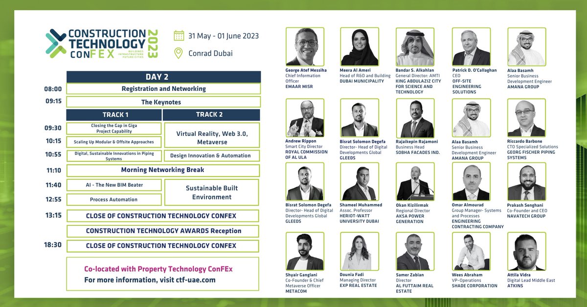 VenturesConnec1's tweet image. 👀 #CTF2023 At A Glance
💥Bringing to fruition over 50 insightful topics with the expertise of 70+ knowledgeable speakers!
#CONFEX2023
🗓 31 May - 01 June 2023
📍 Conrad Dubai
❗️Last chance to register: ow.ly/IsN050Owylz
#construction #technology #contech