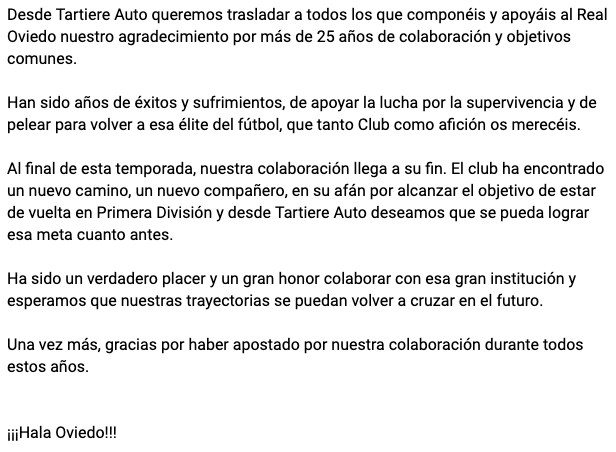 TartiereAuto's tweet photo. Desde Tartiere Auto queremos trasladar a todos los que componéis y apoyáis al Real Oviedo nuestro agradecimiento por más de 25 años de colaboración y objetivos comunes.

¡¡¡Hala Oviedo!!! https://t.co/exGr3CtevF