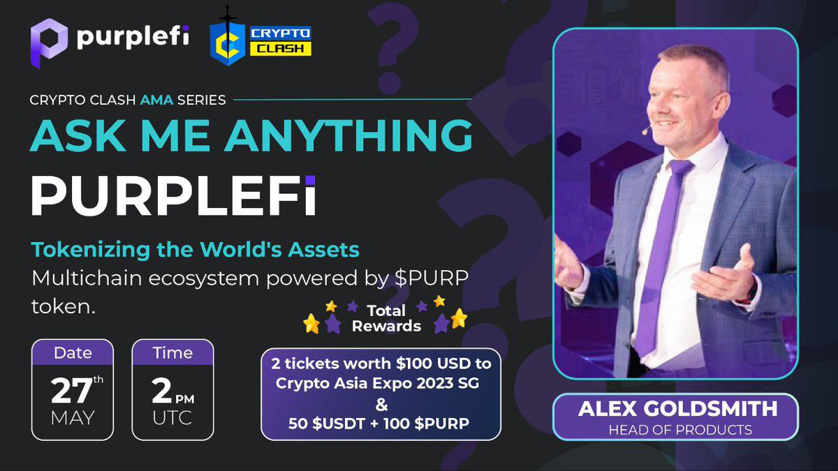 CryptoClash1's tweet image. Hello Clasher's, 👋
Our next  #TwitterSpaceAMA with PurpleFi 27th May, 2 PM UTC!
〽️Follow @purplefi_io
💰Rewards : 50 $USDT + 100 $PURP & 2 tickets worth 100usd to Crypto Asia Expo 2023 Singapore 
🏠 Space :  
PurpleFi Links :
linktr.ee/purplefi