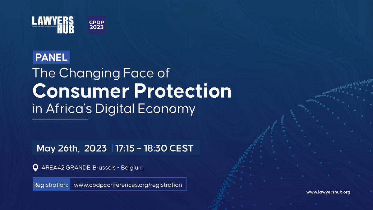 Thrilled to announce that we are hosting a panel at #CPDP2023  in Brussels (BE). Our panel will explore the changing face of consumer protection in Africa's digital economy.  Join us today, from 17:15 – 18:30 at Area 42 Grand in Brussels.  Registration: cpdpconferences.org/registration