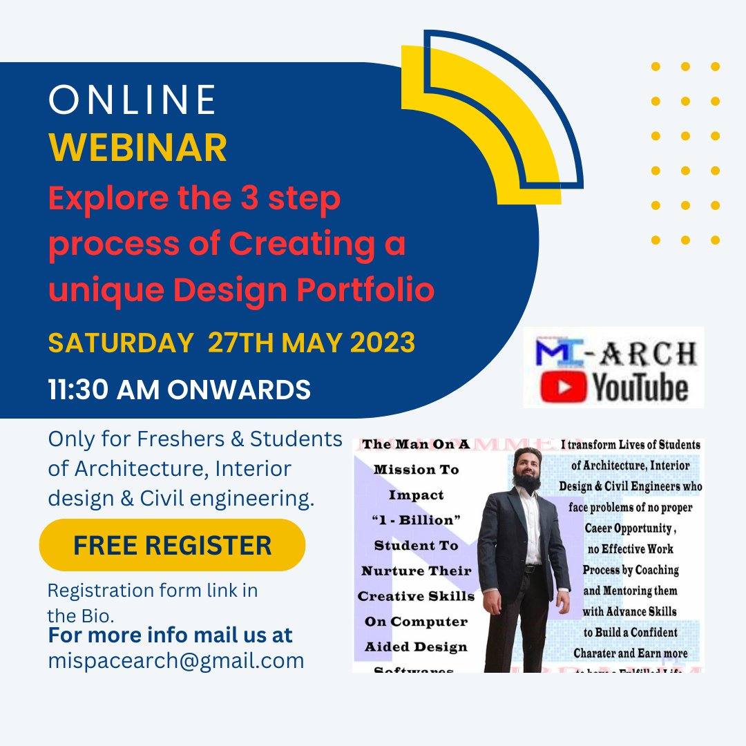 Mi1991Ibrahim's tweet photo. Webinar for Students Of Architecture, Interior Design & Civil Engineering
Click on this link to fill the registration form
https://t.co/3Xa6YACZT3
#webinar #onlineclasses #onlinelearning #onlinelearningplatform #onlineservices #onlinestudy #architecturalvideo #architecture https://t.co/wJYdMI0J60