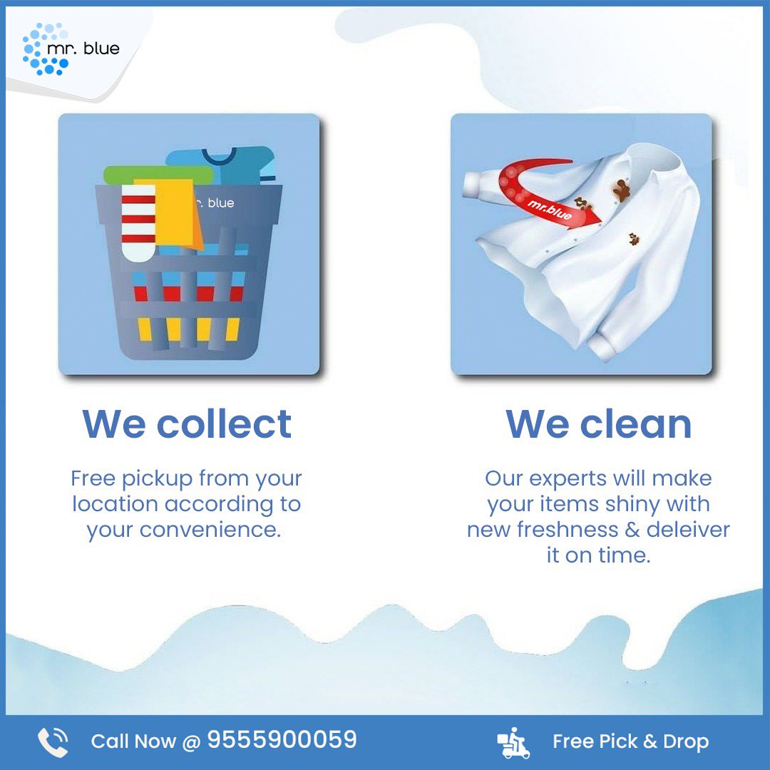 We collect and we clean! 
Contact us now for free pickup from your doorstep and we promise to deliver it on time.

#mrblue #laundrybusiness #freepickanddrop #laundry #laundryindia