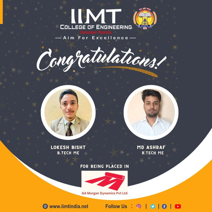 iimtnoida's tweet photo. #congratulate to our Students of B. Tech ME, Batch - 2023 for being #placed in 'GA MORGAN DYNAMICS https://t.co/L2gCsjq4jS'.
https://t.co/UOh7RIbr6l
Call Us: 9520886860
#CampusPlacement #IIMTIndia #IIMTian #MCAPlacements #BtechME #AdmissionOpen2023_2024
#BTechIT #admissionopen https://t.co/e5gOLaj5GC