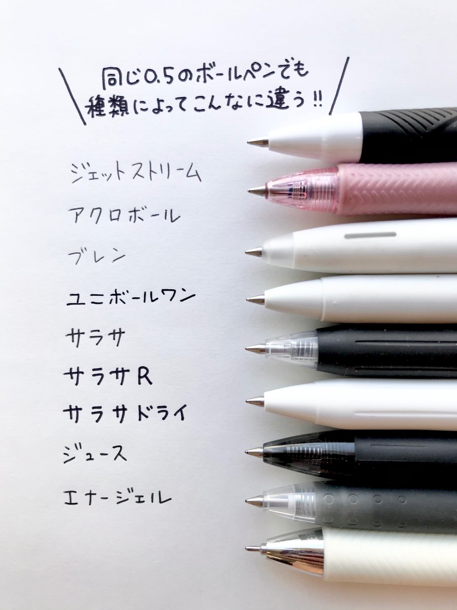 ボールペンってどれも似たようなものだと思っていませんか🤔？

…そんなことはありませんよ～！！

ボール径0.5㎜の黒ボールペンをいくつか書き比べてみると、書き味はもちろん、色や太さがこんなに違うんですよ！

好みのペンを見つけるためにはやっぱり試し書きって大事…！