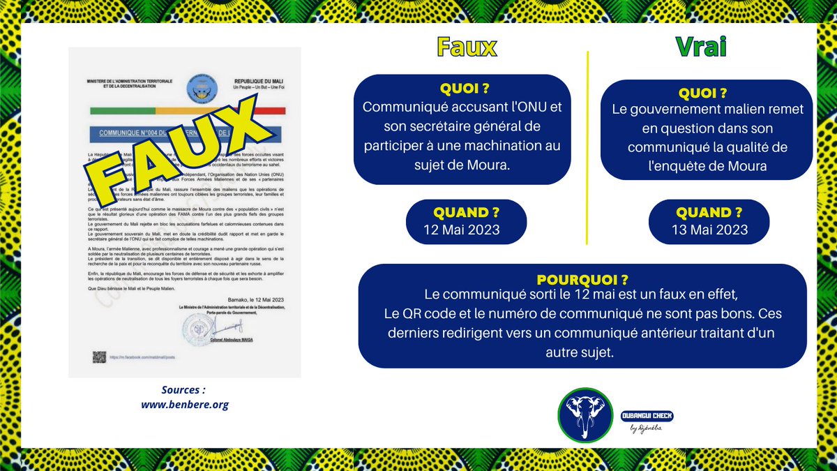 #Oubanguicheck
Les collègues de <a href="/BenbereM/">Benbere Mali</a> ont récemment décortiqué le faux communiqué du gouvernement du #Mali qui circulait sur les réseaux cette semaine. A lire juste ici ⬇️